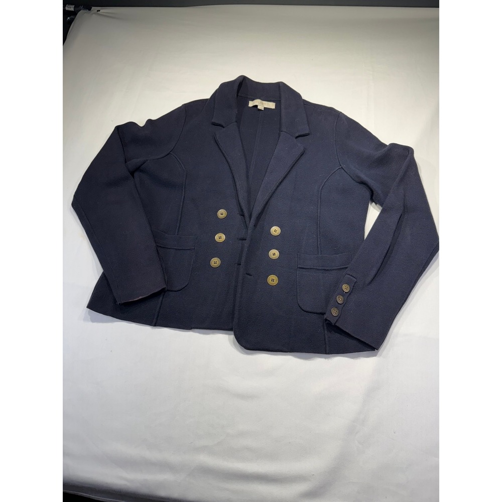 Loft Navy Blue Cotton Knit Double Breasted Blazer Jacket Brass Buttons Womens L
